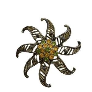 Vintage Brooch Sunburst Flower Orange Green Stone Golden Brass Colored